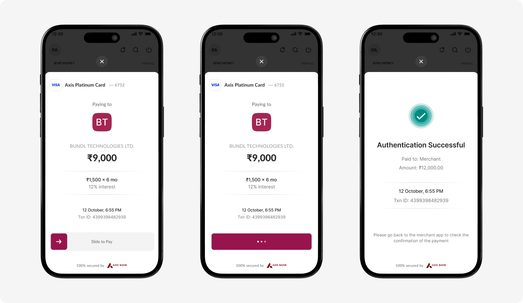 Three phone screens showing the Axis Bank Pay via Bank App flow