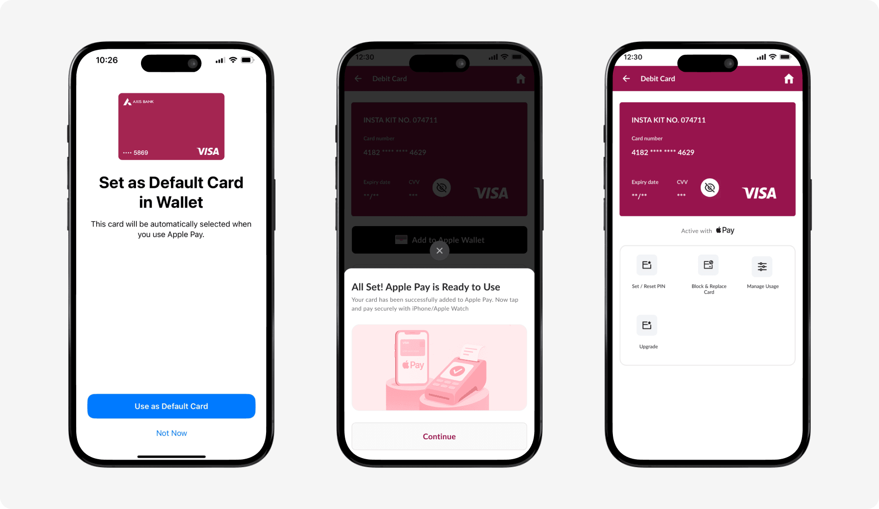 Three phone screens showing the Axis Bank card push provisioning flow