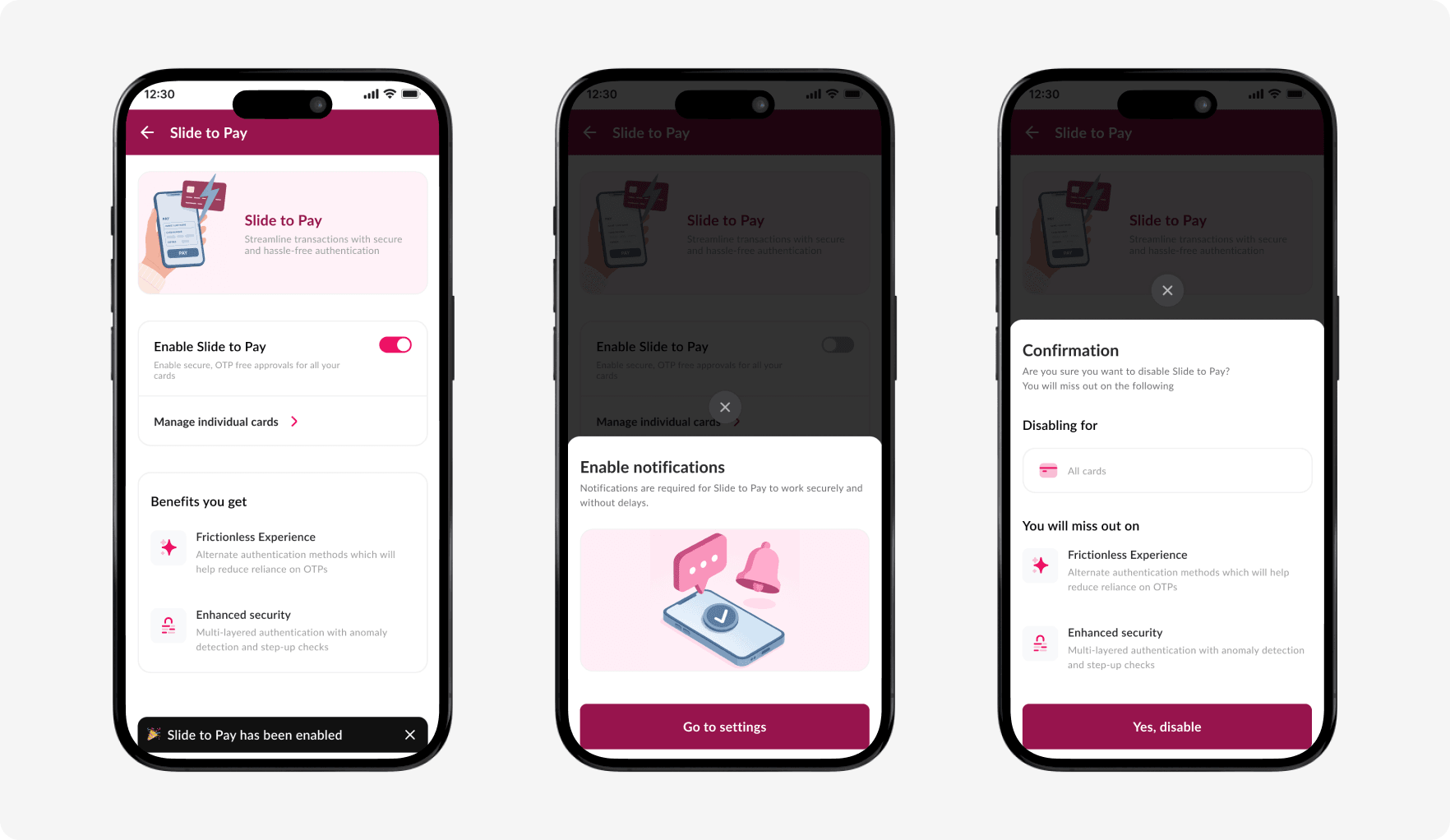 Three phone screens showing the Axis Bank slide-to-pay checkout flow