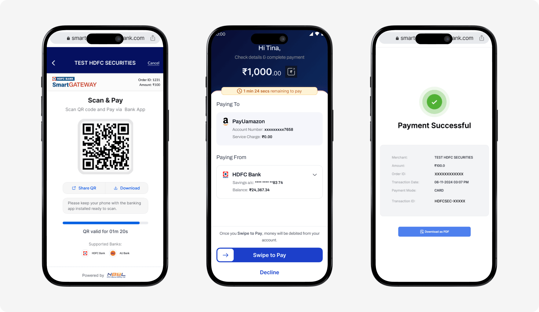 Three phone screens showing the HDFC Bank IBMB QR scan, payment, and success flow
