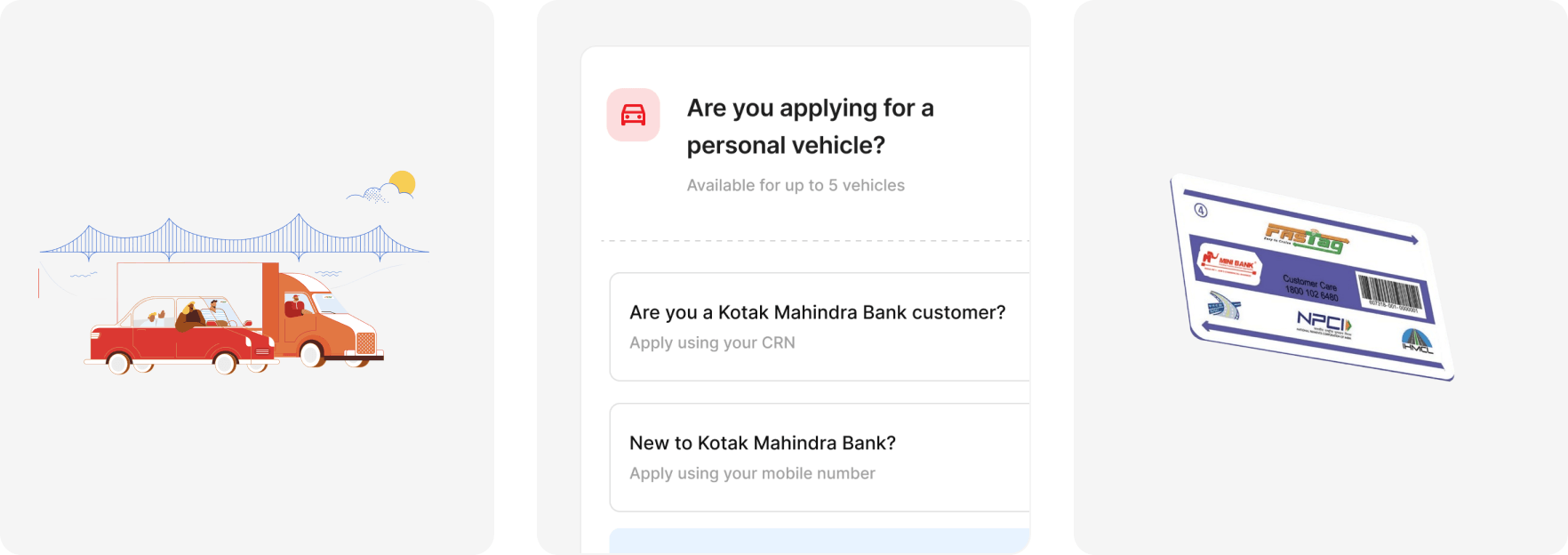 Kotak Bank Fastag Management Portal supporting UI cards, including a commercial vehicle eligibility card