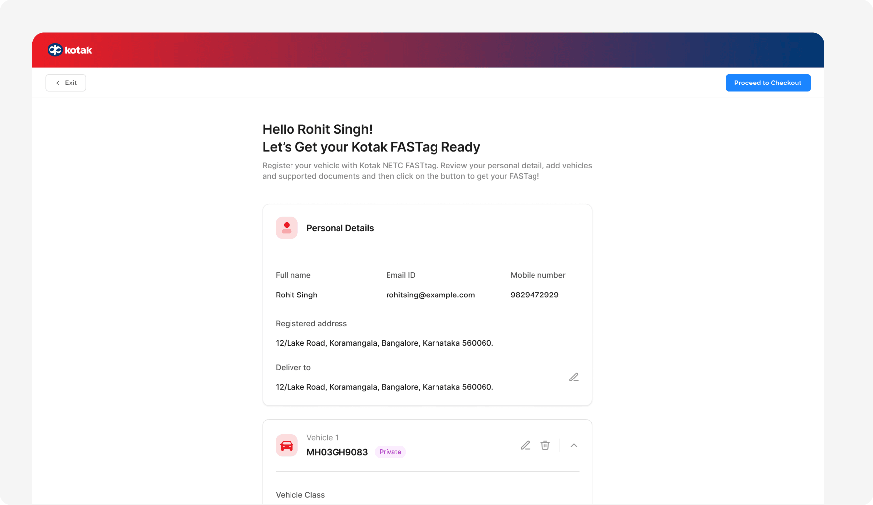 Kotak Bank Fastag Management Portal dashboard screenshot