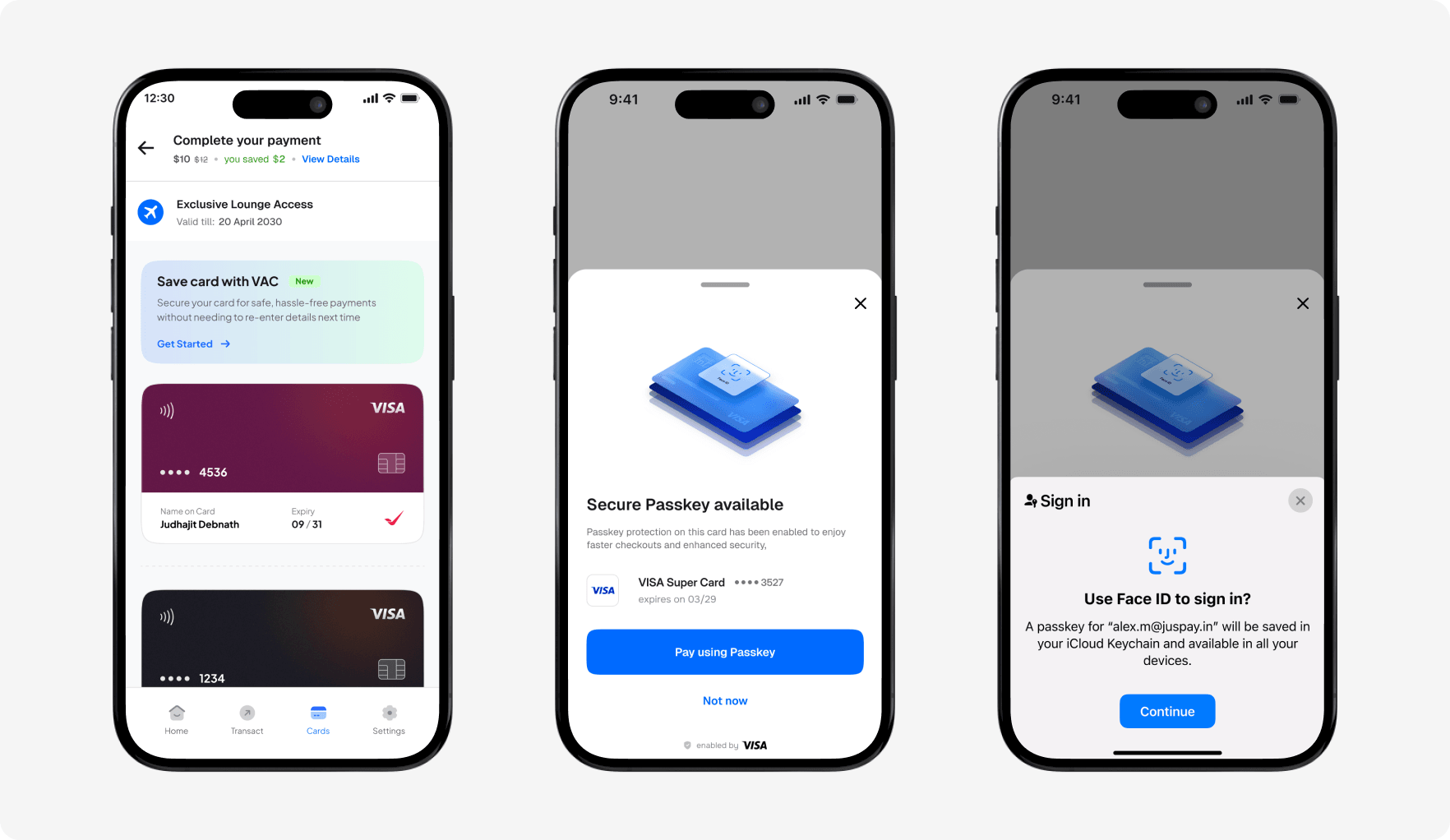 Three phone screens showing the VISA Passkeys enrollment and authentication flow