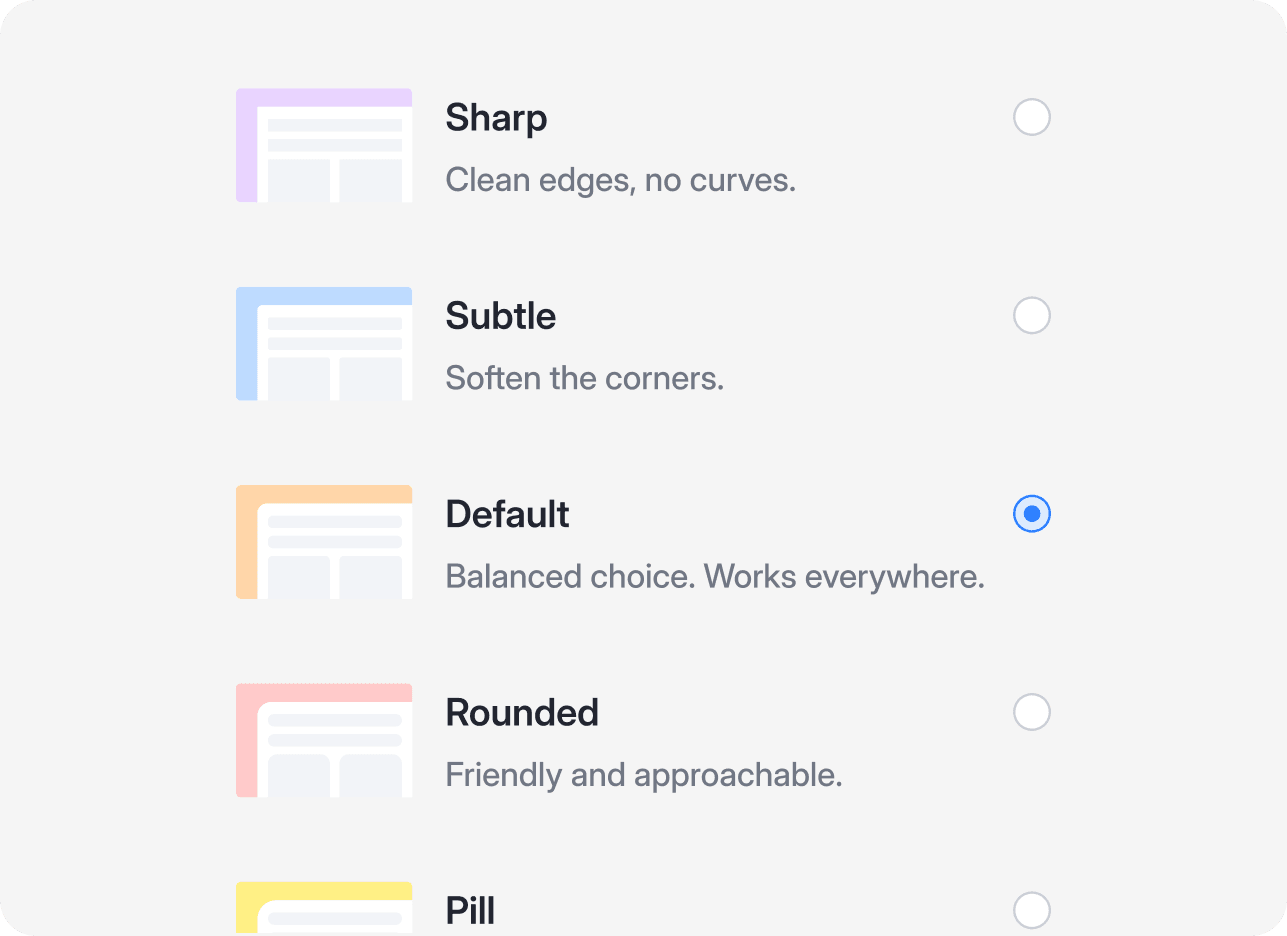 List of corner-radius options: Sharp, Subtle, Default, and Rounded