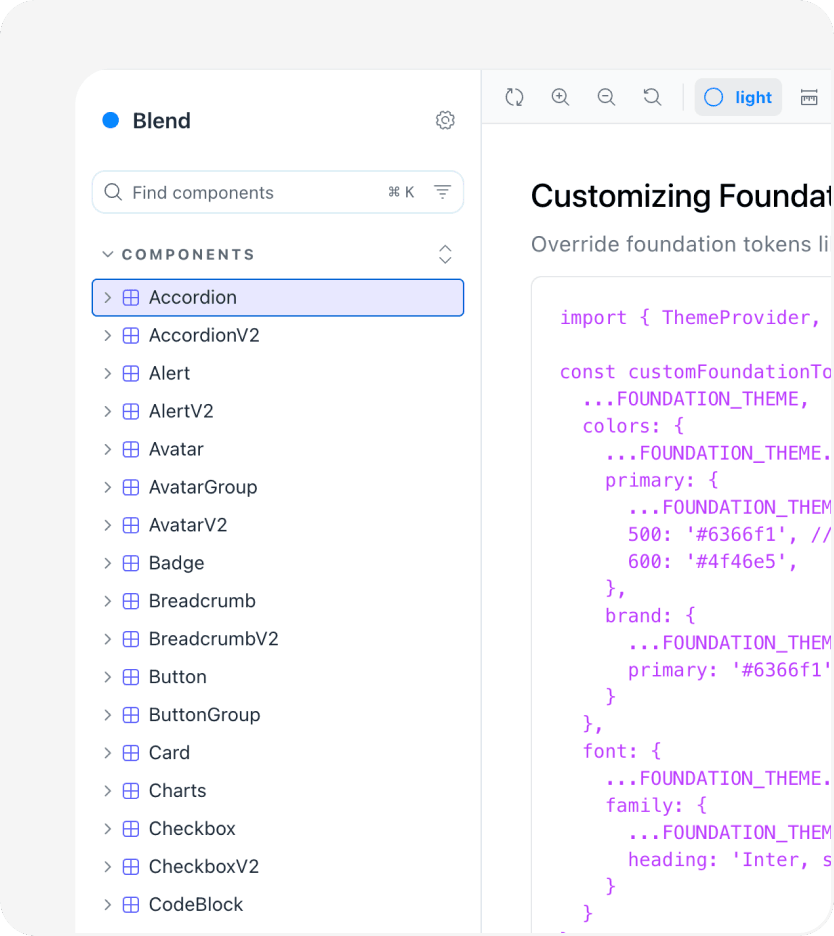 Storybook interface showing the Blend component tree and customization panel