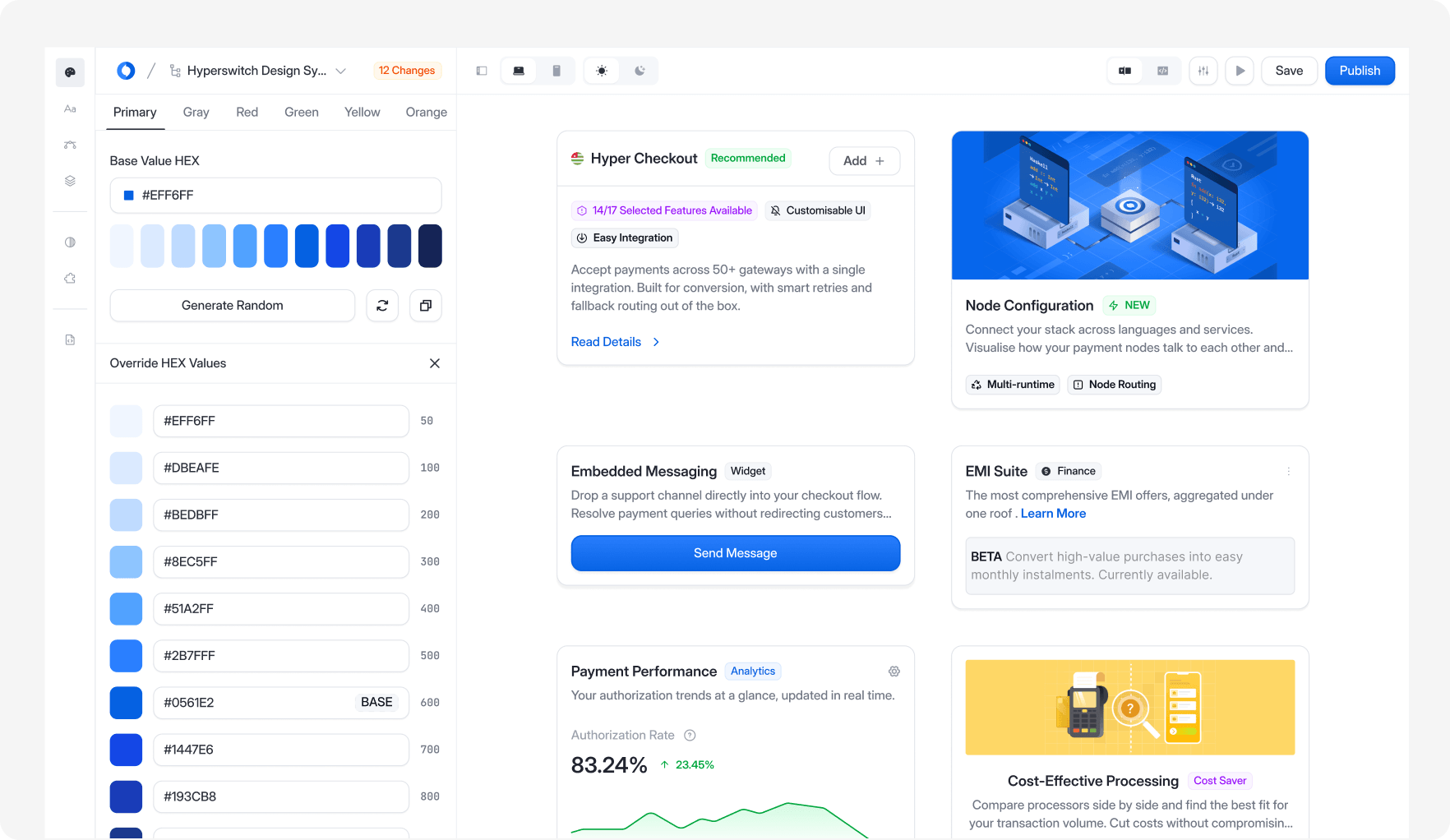 A theme editor with a hex value palette on the left and a live-previewed Hyper Checkout dashboard on the right