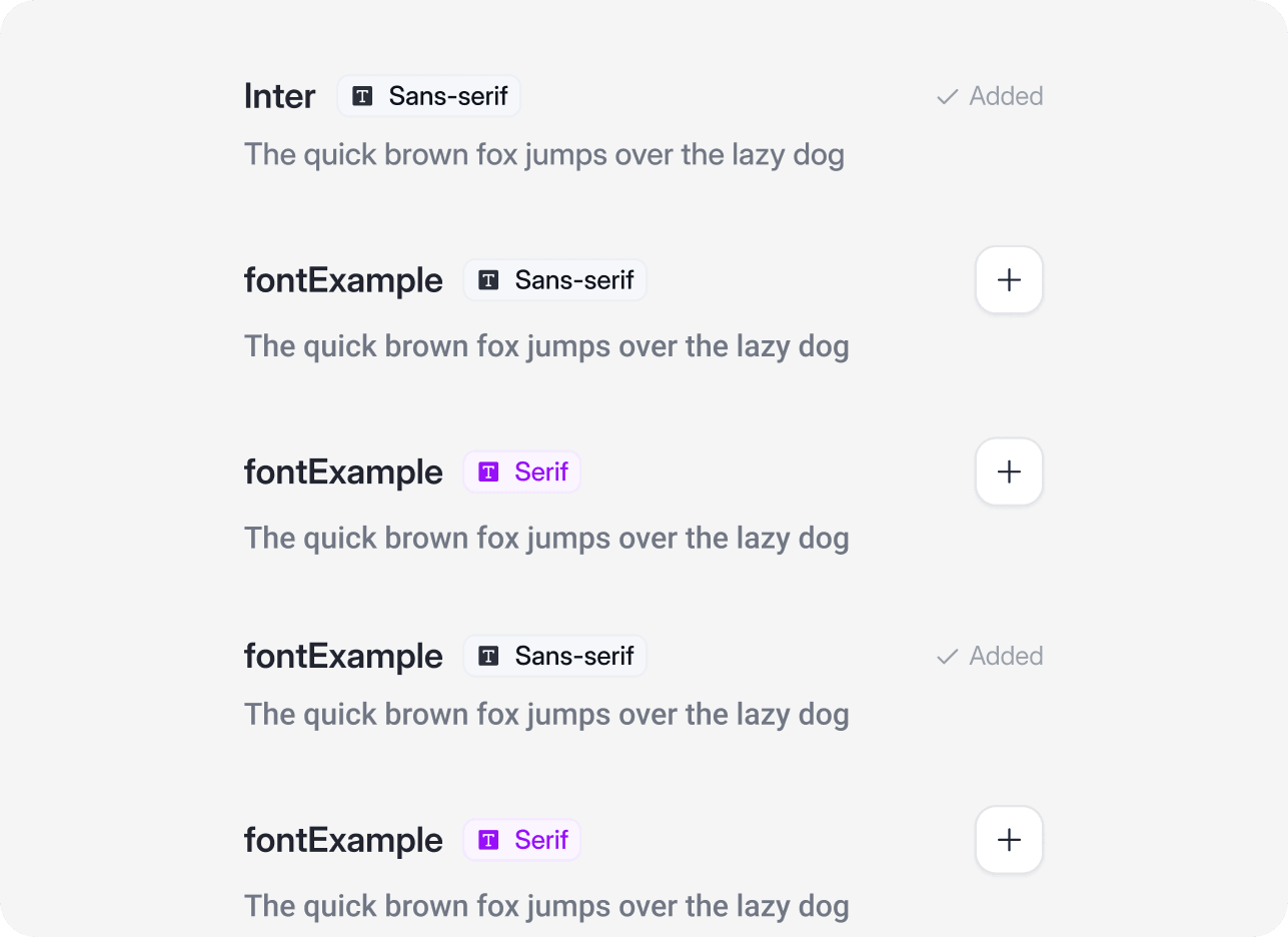 List of font family options including Inter, each with a sample sentence