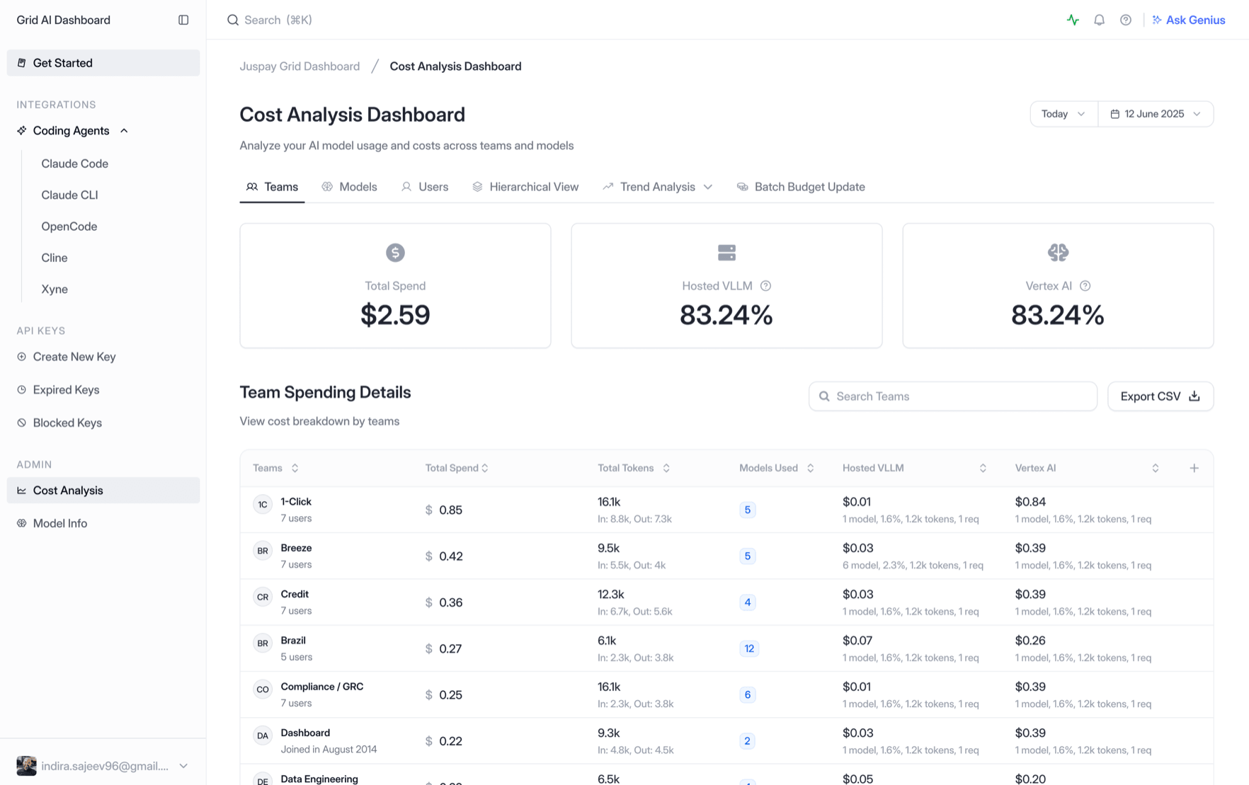 Cost Analysis Dashboard showing total spend, hosted VLLM and Vertex AI split, and a team spending details table