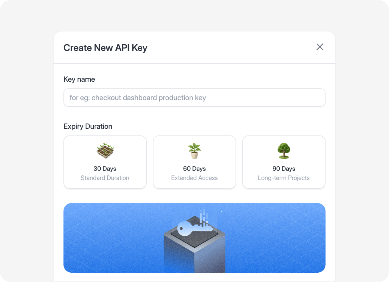 Create New API Key modal with a key name field and expiry duration options