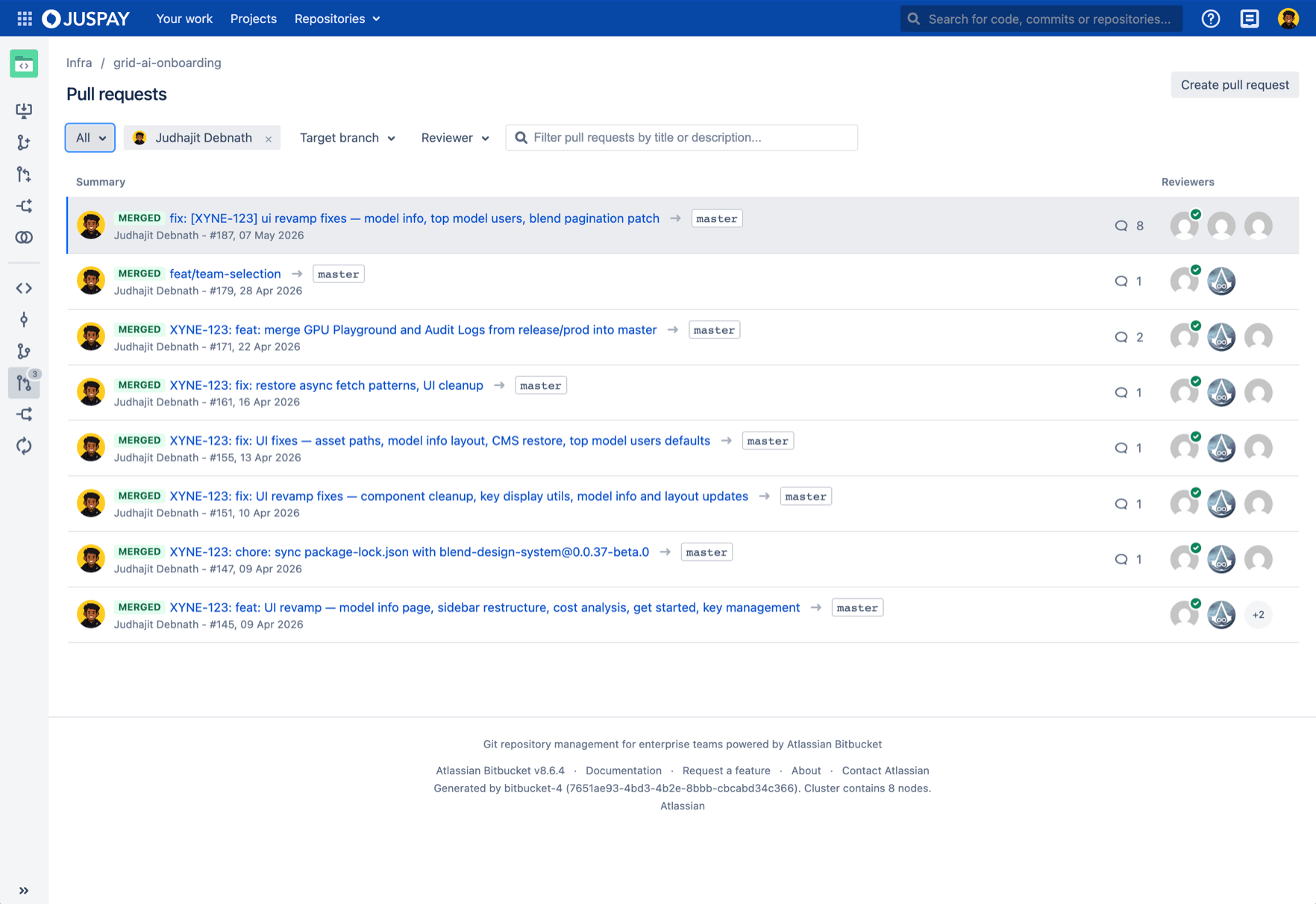A pull request list titled infra / grid-ai-onboarding, showing a scattered trail of UI-fix and config PRs