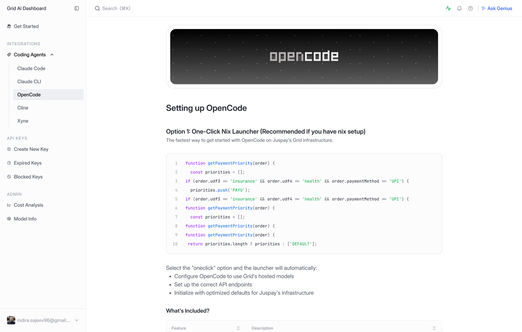 OpenCode setup documentation with a code snippet showing a getPaymentPriority function