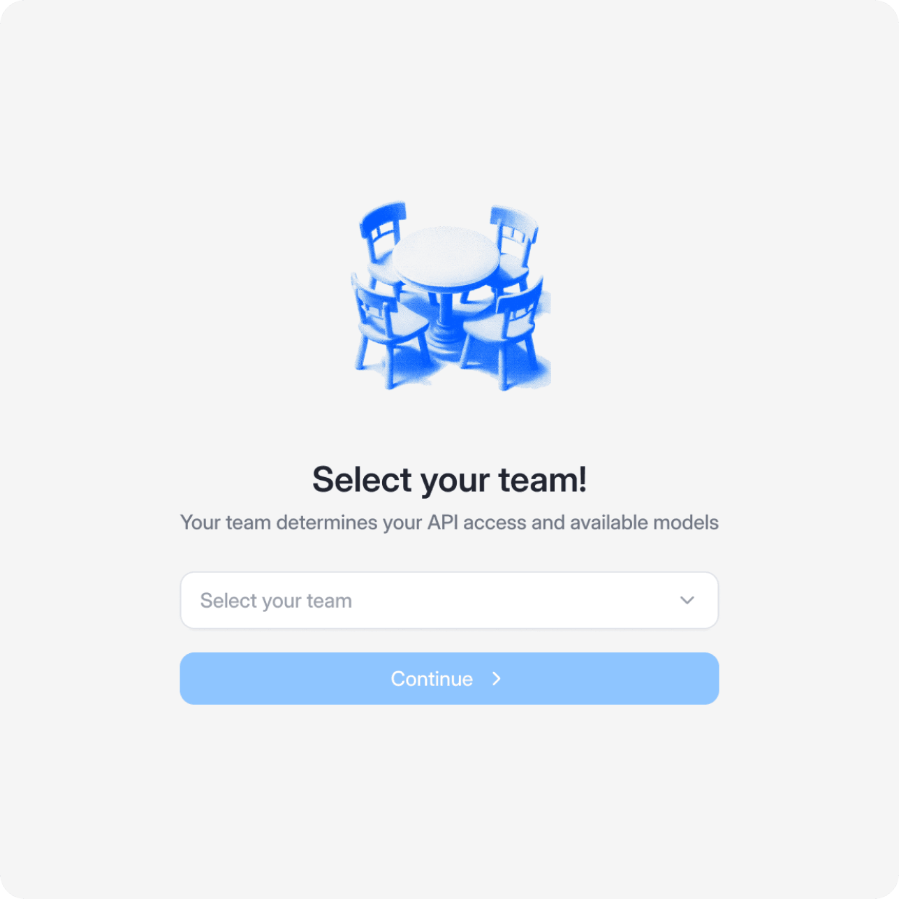Select your team screen with a round table illustration