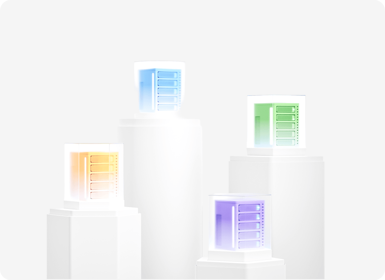 Four glowing isometric server racks on pedestals