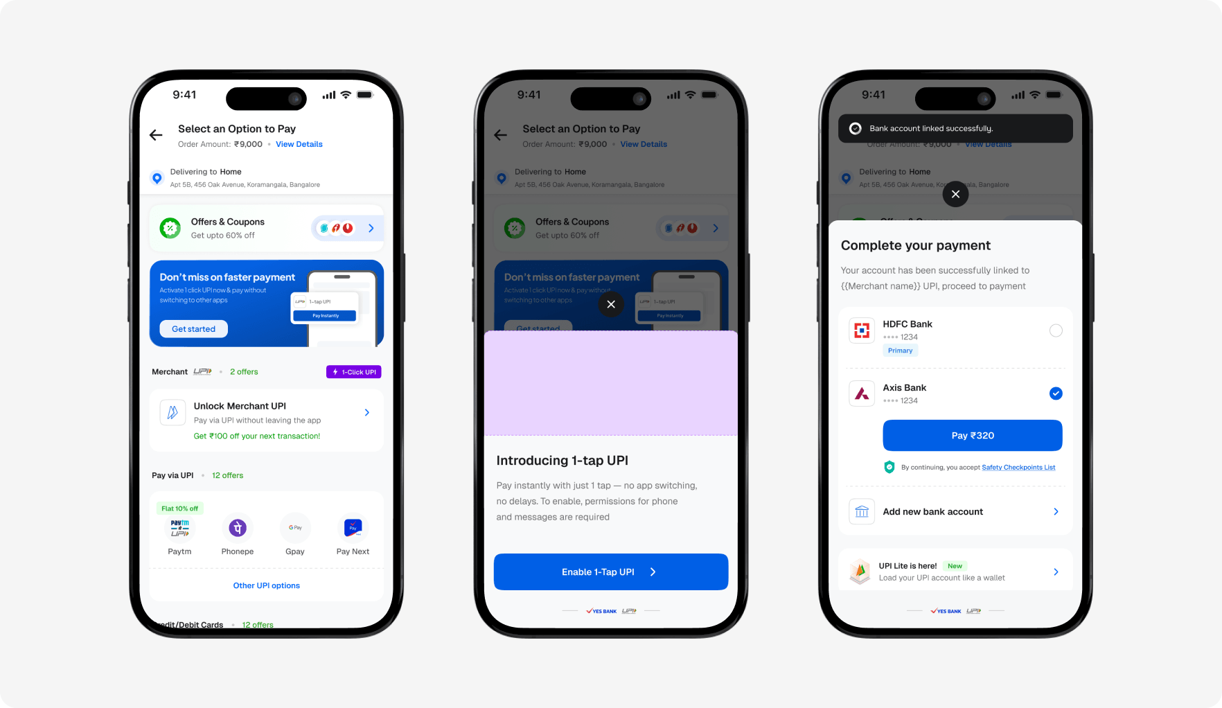 Three phone screens showing the HyperUPI payment flow: selecting a payment option, the 1-tap UPI introduction, and a successfully linked bank account