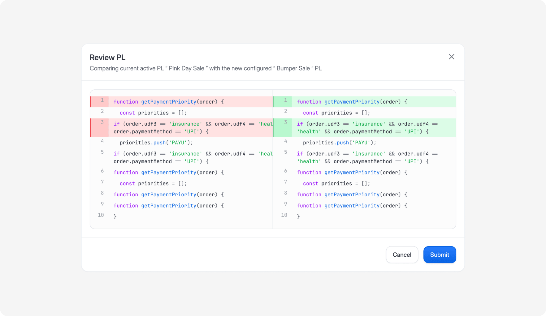 Screenshot of the maker-checker approval flow for rule changes