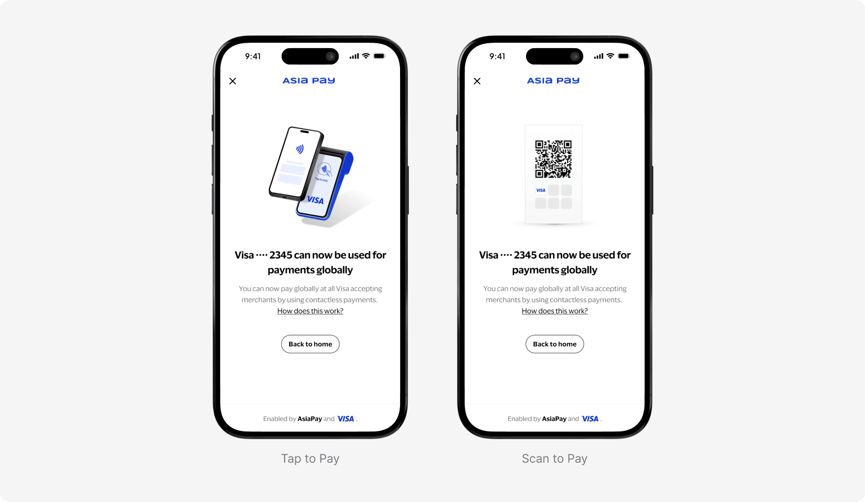 Tap to Pay and Scan to Pay enrollment confirmation screens side by side
