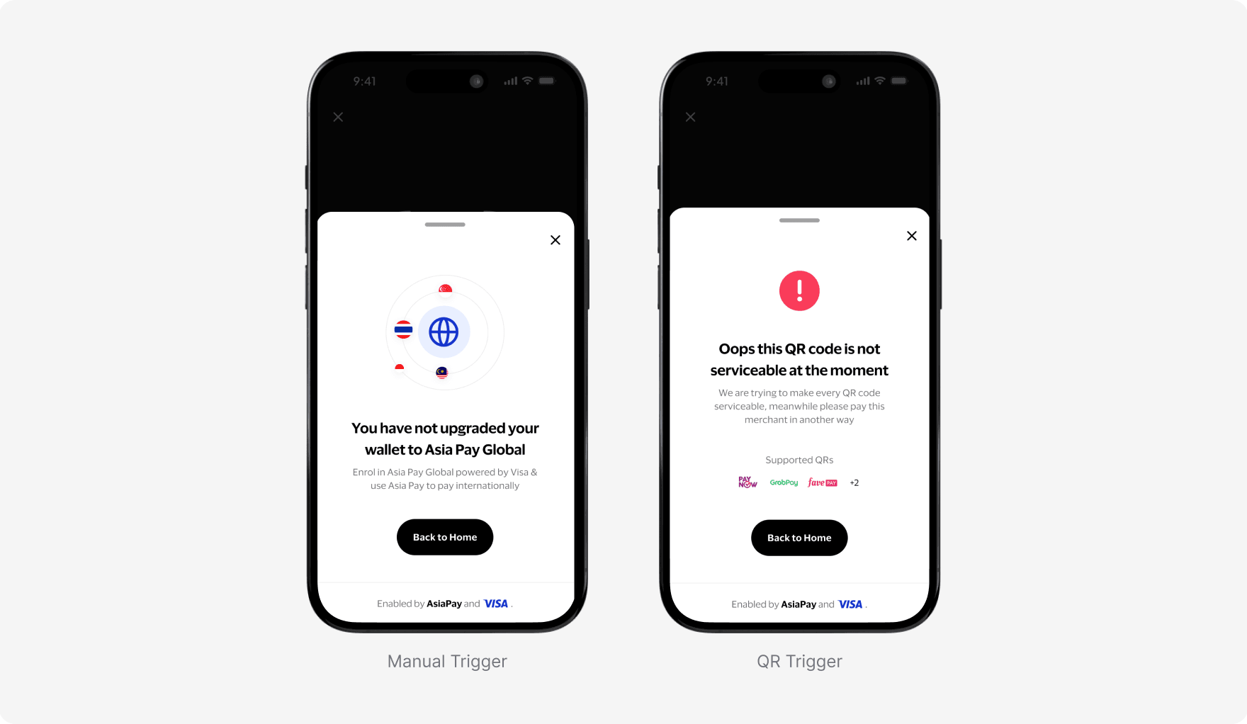 Manual trigger and QR trigger error screens shown side by side for a user not yet enrolled