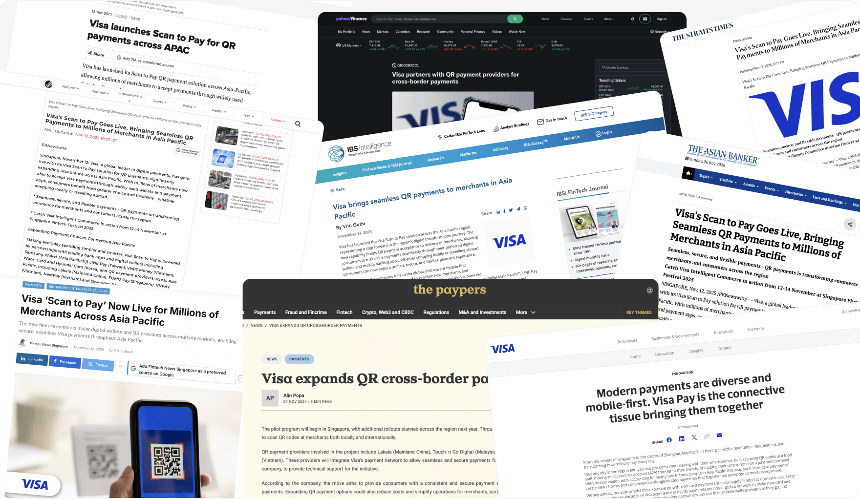 Collage of press and news coverage extracts about the Visa Pay launch