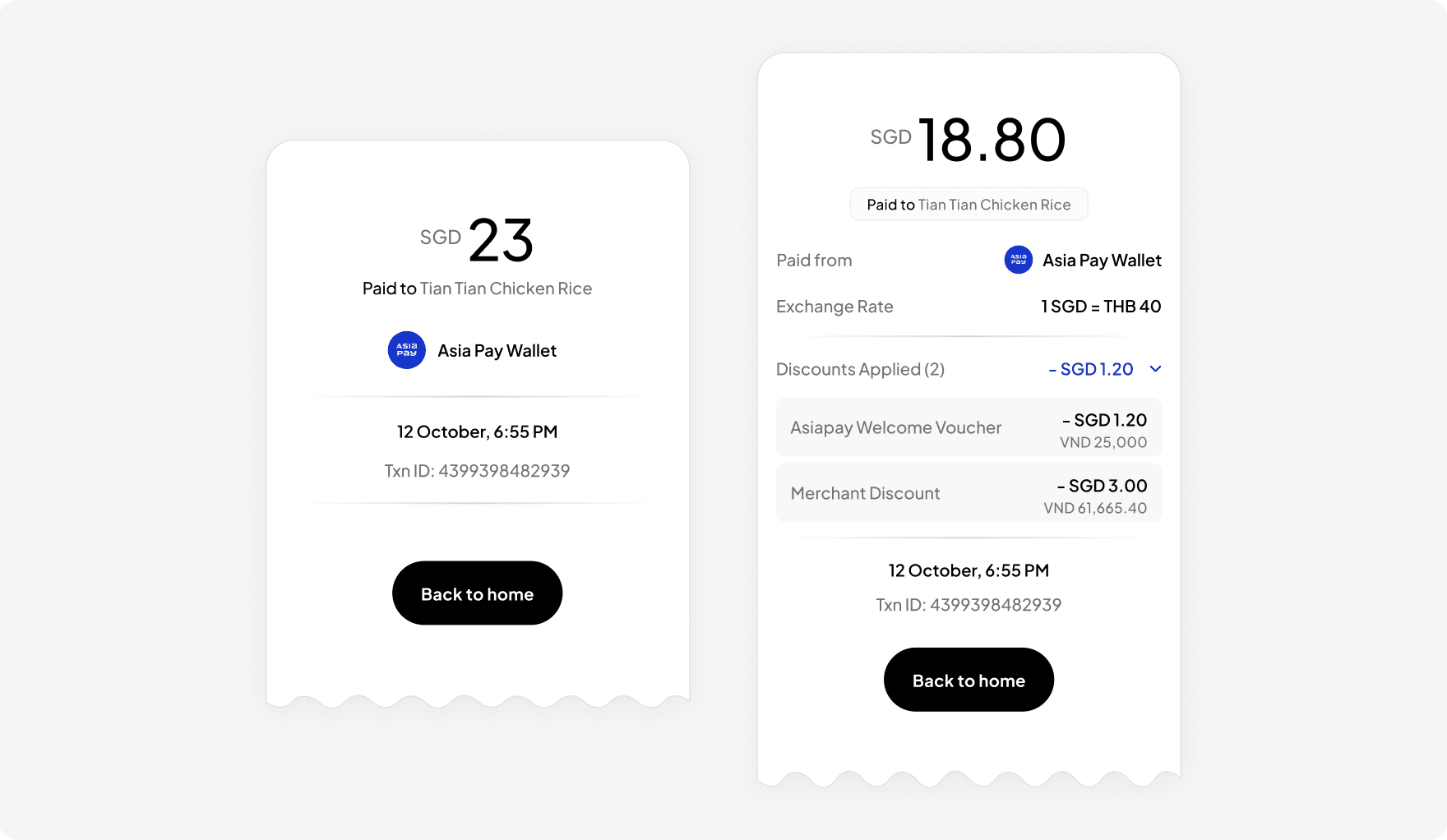 Two receipt-style payment confirmation cards showing transaction and FX detail