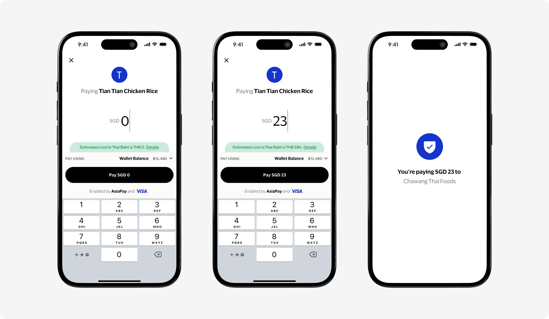 Three phone screens showing the Scan to Pay flow