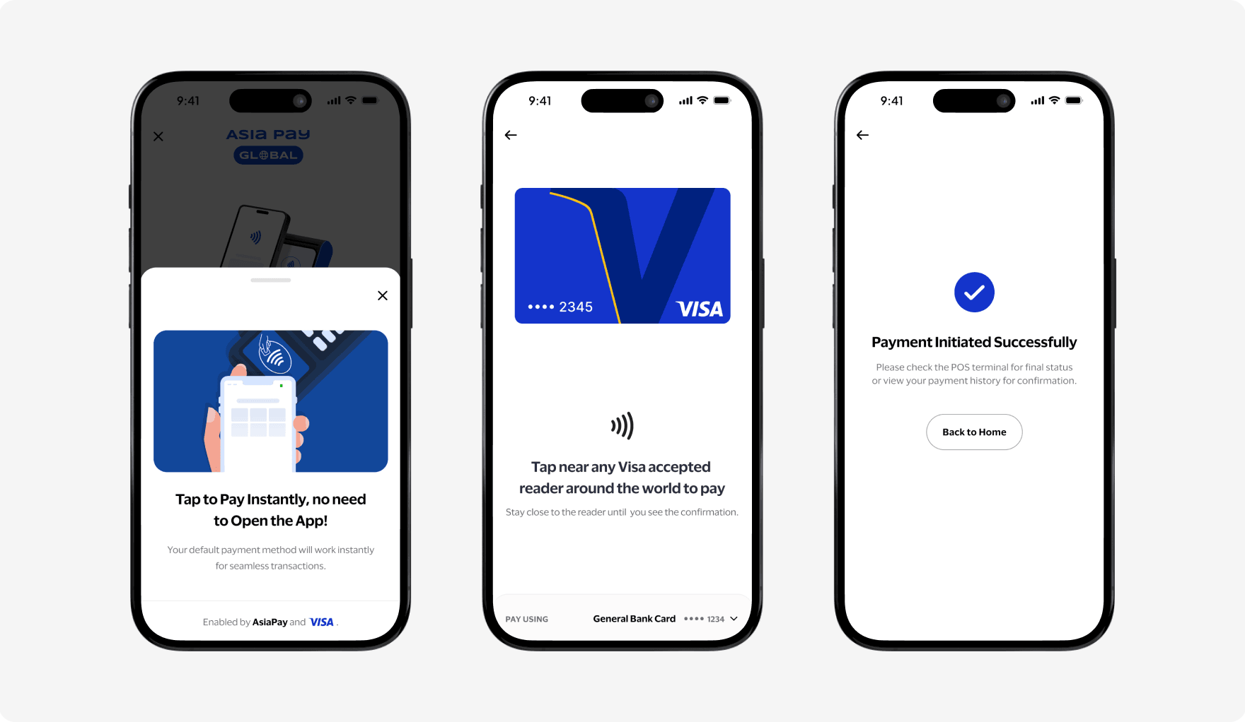 Three phone screens showing the Tap to Pay flow