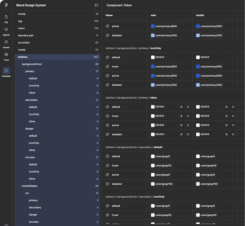 Dark-themed panel listing Blend components and their token values