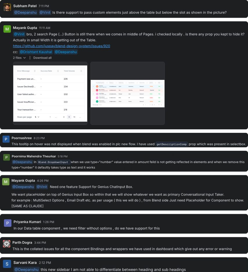 A Slack thread of bug reports and fixes for design system components